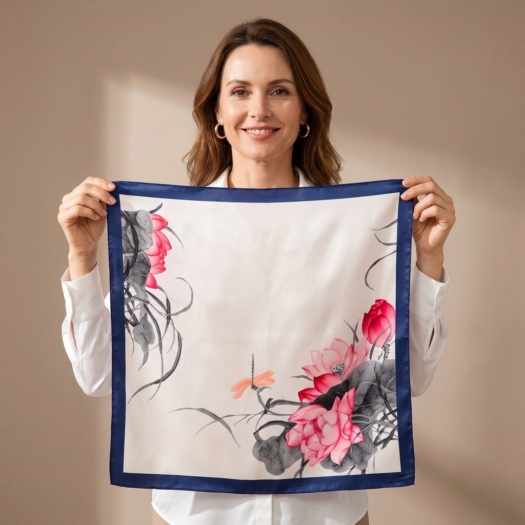 Lotus & Dragonfly Silk Square Scarf 90x90cm