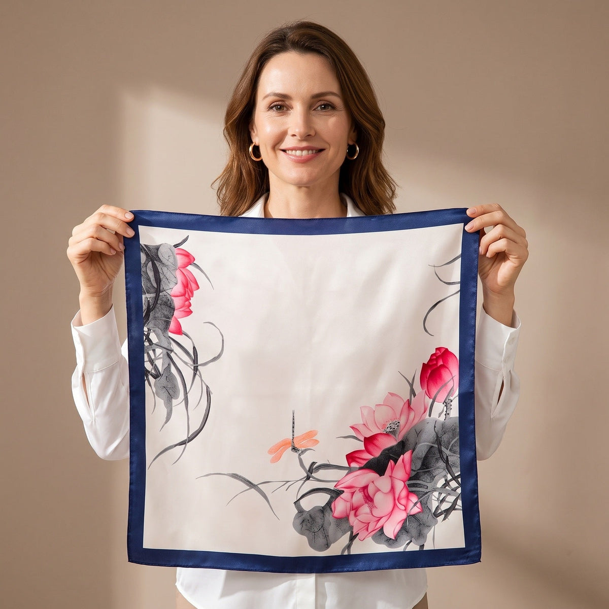 Lotus & Dragonfly Silk Square Scarf 90x90cm