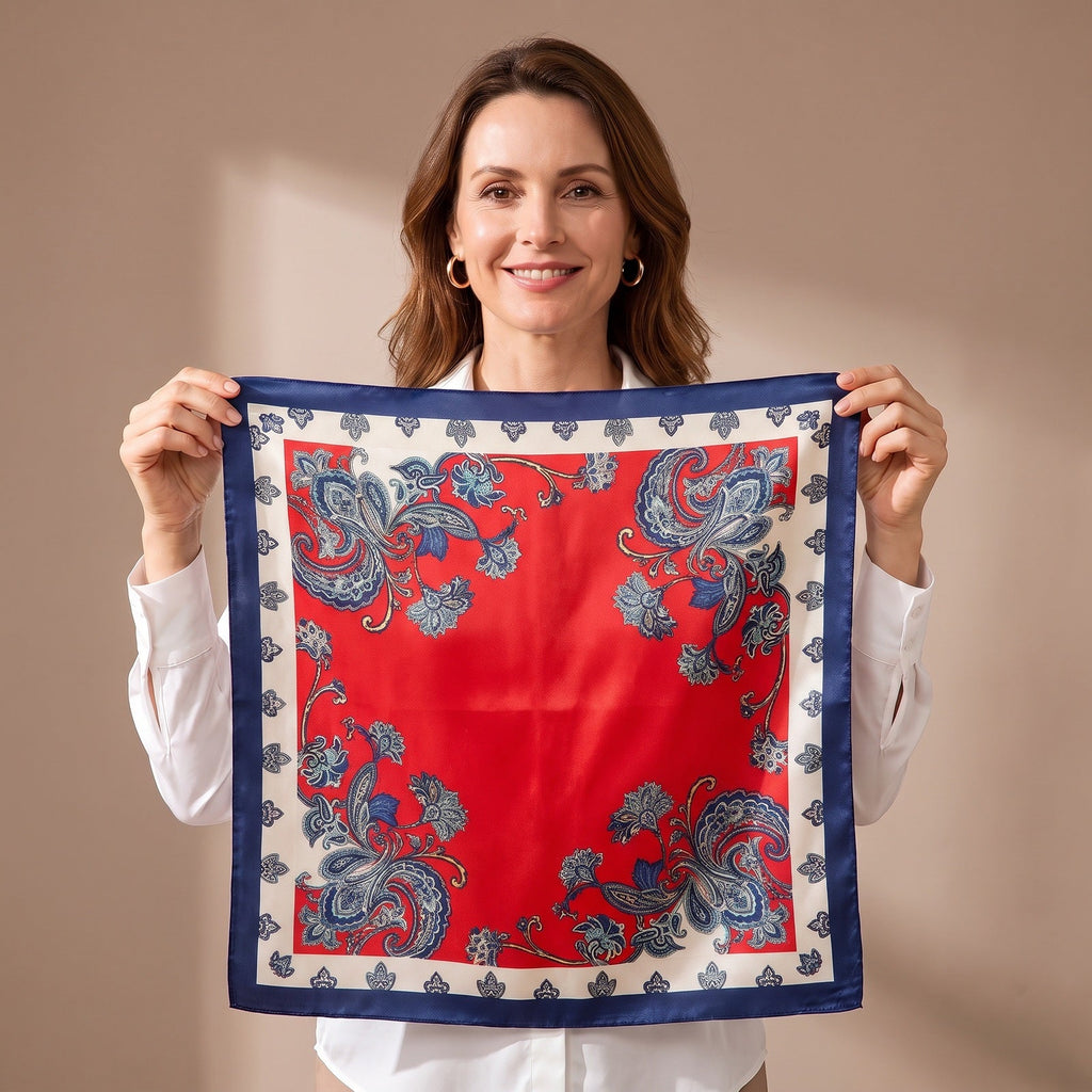 Red Floral Silk Satin Square Scarf 90x90cm