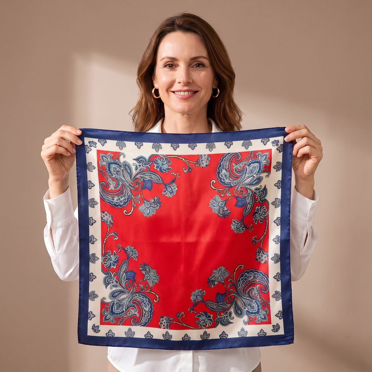 Red Floral Silk Satin Square Scarf 90x90cm