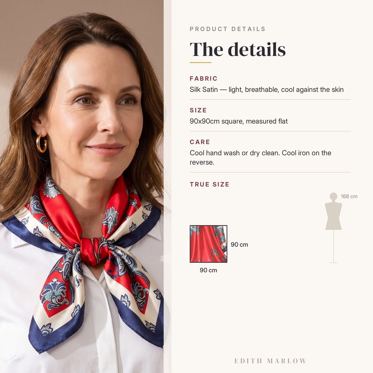 Red Floral Silk Satin Square Scarf 90x90cm